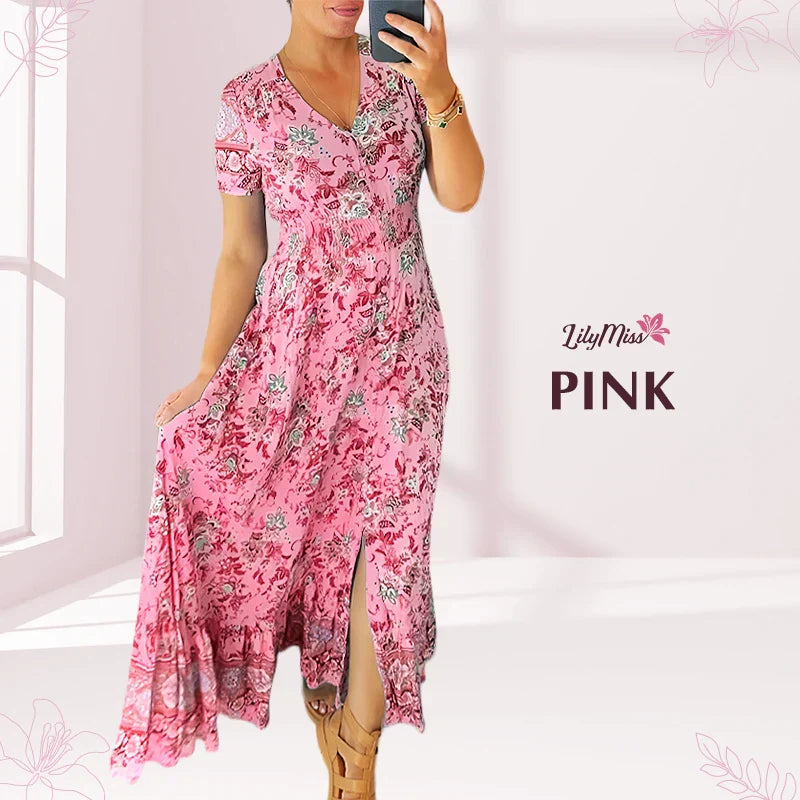 🔥2025 NEW SALES - 50% OFF🔥Floral casual print V-neck shirred waist long dress