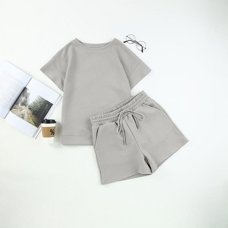 🌴Summer Specials🌴Women's Solid Textured Casual Short Sleeve Top Drawstring Shorts Set