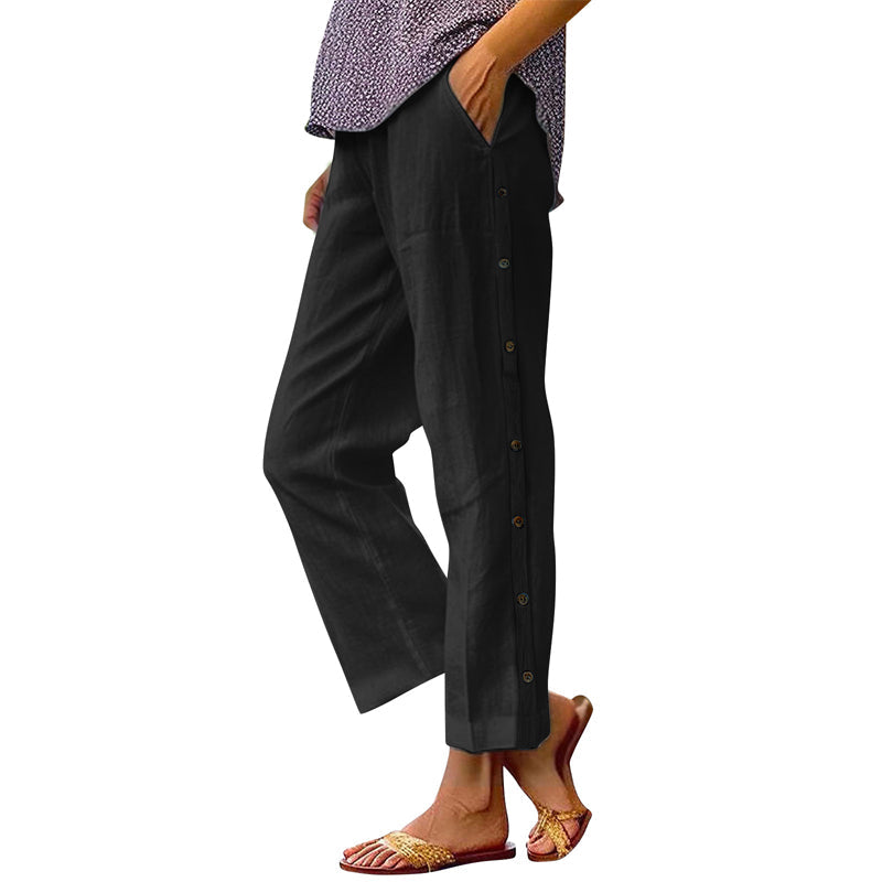 ⏰🔥LIMITED TIME 50% OFF! 👖 Casual Solid-Color Loose-Fit Cropped Pants with Side Buttons – Comfy, Breathable & Effortlessly Chic ✨💃