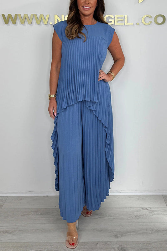 🔥2025 New arrivals - 50% OFF🌺Laney Pleated Short Sleeve Irregular Midi Top and Elastic Waist Wide Leg Pants Set✨