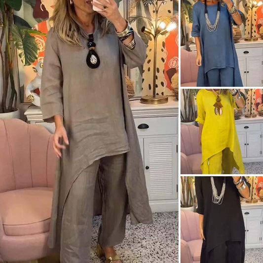 🔥Two-piece suit in cotton and linen, with a round neckline and long sleeves