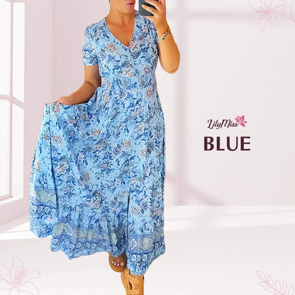 🔥2025 NEW SALES - 50% OFF🔥Floral casual print V-neck shirred waist long dress