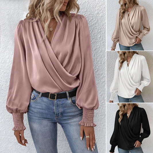 🔥2023 hot sale🔥Women's v-neck lantern sleeve solid color shirt【Buy 2 free shipping】