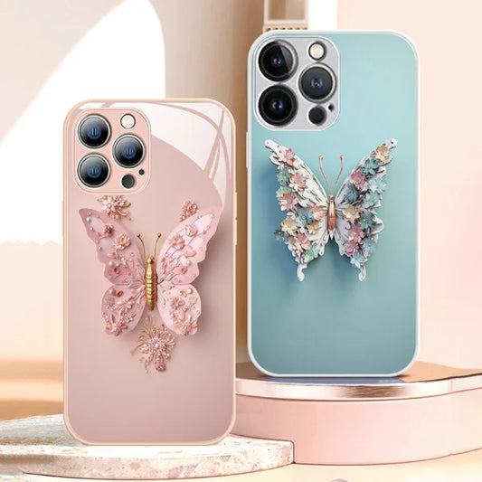 🔥2023 Hot Sale🔥Flat 3D Butterfly Pattern Glass Cover For iPhone