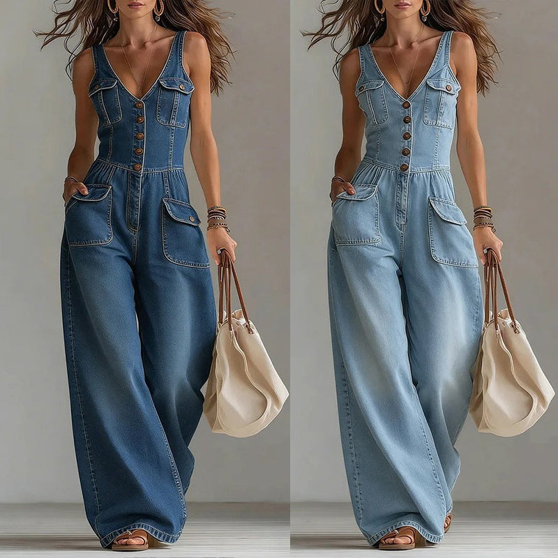 👖 LIMITED-TIME 55% OFF! 💥 Women's Denim Jumpsuit – Button-Front, Wide-Leg✨