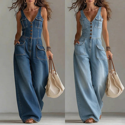 👖 LIMITED-TIME 55% OFF! 💥 Women's Denim Jumpsuit – Button-Front, Wide-Leg✨
