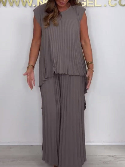 🔥2025 New arrivals - 50% OFF🌺Laney Pleated Short Sleeve Irregular Midi Top and Elastic Waist Wide Leg Pants Set✨