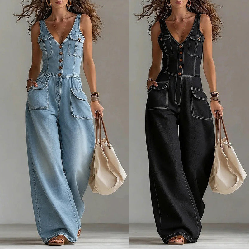 👖 LIMITED-TIME 55% OFF! 💥 Women's Denim Jumpsuit – Button-Front, Wide-Leg✨