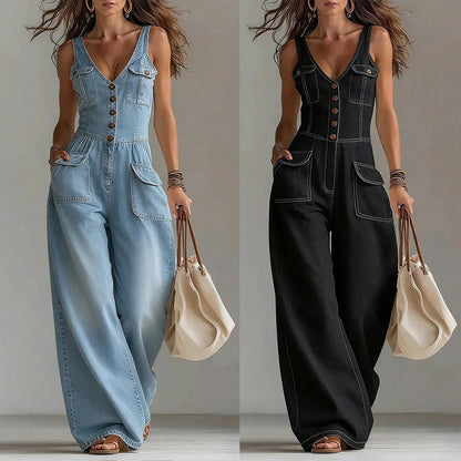 👖 LIMITED-TIME 55% OFF! 💥 Women's Denim Jumpsuit – Button-Front, Wide-Leg✨