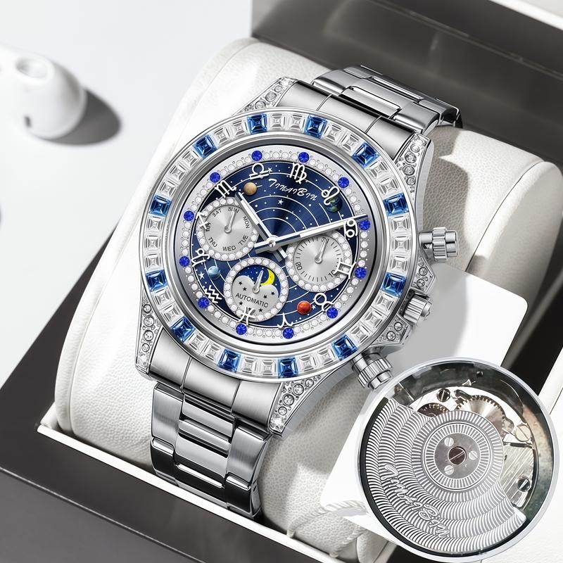 🔥 Hot Sale 🔥TINAIBIN Twelve Zodiac Signs & Starry Sky Diamond Automatic Skeleton Men's Watch