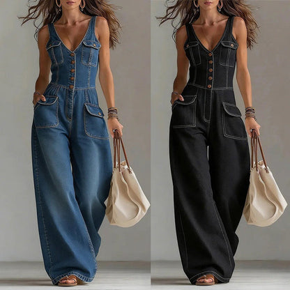 👖 LIMITED-TIME 55% OFF! 💥 Women's Denim Jumpsuit – Button-Front, Wide-Leg✨