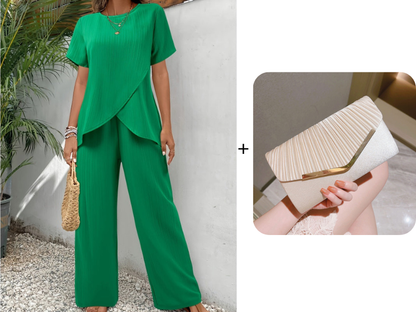 ⏰🔥LIMITED TIME 50% OFF! 💃 Women’s Casual Asymmetrical Top & Wide-Leg Pants Outfit – Flowy, Comfortable & Effortlessly Chic ✨🌿