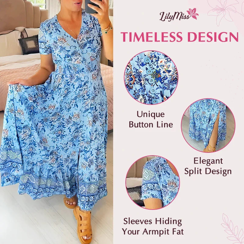 🔥2025 NEW SALES - 50% OFF🔥Floral casual print V-neck shirred waist long dress