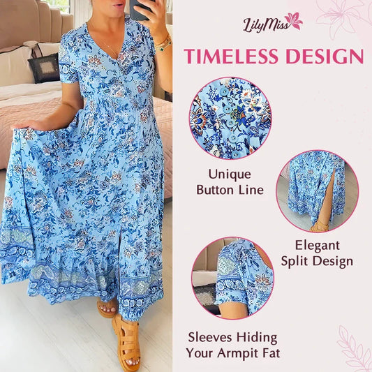 🔥2025 NEW SALES - 50% OFF🔥Floral casual print V-neck shirred waist long dress