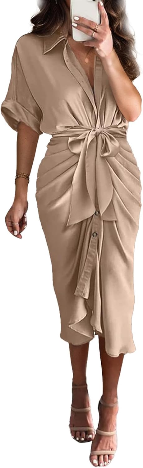 🔥2026 Summer New-❤️ Women Satin Button Shirt Dress