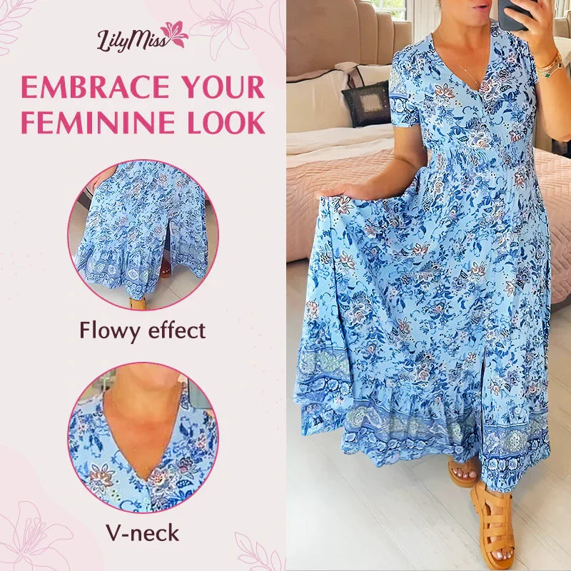 🔥2025 NEW SALES - 50% OFF🔥Floral casual print V-neck shirred waist long dress