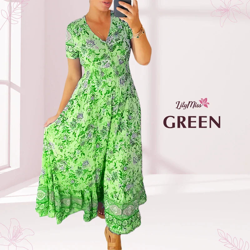 🔥2025 NEW SALES - 50% OFF🔥Floral casual print V-neck shirred waist long dress