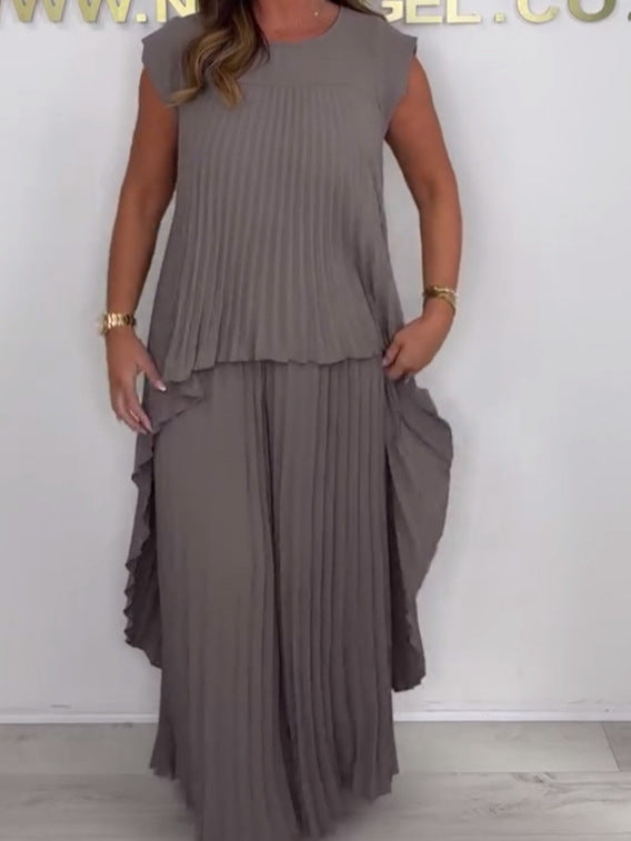 🔥2025 New arrivals - 50% OFF🌺Laney Pleated Short Sleeve Irregular Midi Top and Elastic Waist Wide Leg Pants Set✨