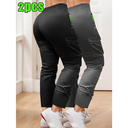 2-Pcs Women's Work Pants - Non-Stretch Full-Length Trousers, Adjustable Drawstring Waist for Gym/Outdoor/Daily Wear