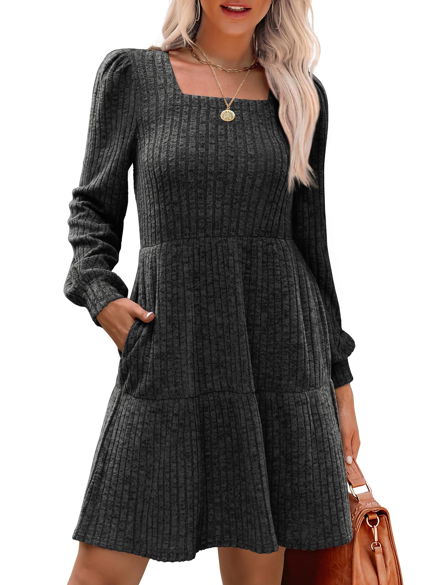 🔥👗【S-XL】2025 Autumn Women's Soft Ribbed Square Neck Dress | Lantern Sleeves for Timeless Autumnal Elegance!🍁
