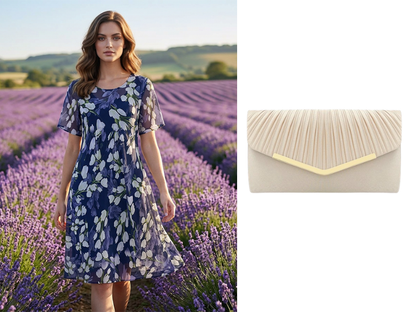 💎 50% OFF! 💎 Short-Sleeved A-Line Evening Dress – Elegant Floral Print, Double-Layer Chiffon & Flattering Knee-Length Cut 👗💙