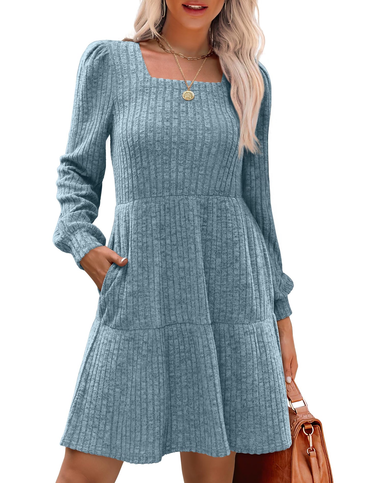 🔥👗【S-XL】2025 Autumn Women's Soft Ribbed Square Neck Dress | Lantern Sleeves for Timeless Autumnal Elegance!🍁