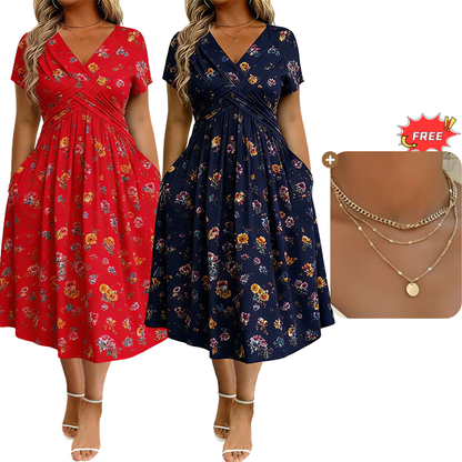 🏖️Summer Hot Sale 51% Off!💃✨Women's V-Neck Floral Print Dress with Twist Waist