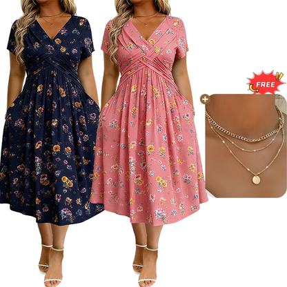 🏖️Summer Hot Sale 51% Off!💃✨Women's V-Neck Floral Print Dress with Twist Waist