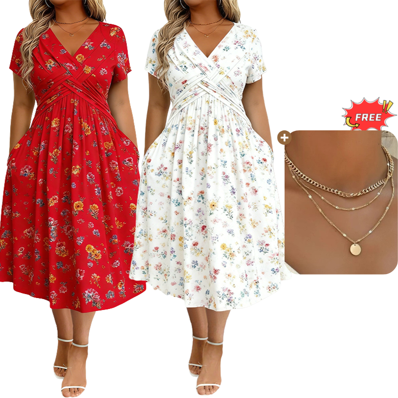 🏖️Summer Hot Sale 51% Off!💃✨Women's V-Neck Floral Print Dress with Twist Waist