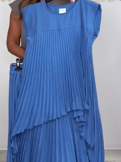 🔥2025 New arrivals - 50% OFF🌺Laney Pleated Short Sleeve Irregular Midi Top and Elastic Waist Wide Leg Pants Set✨