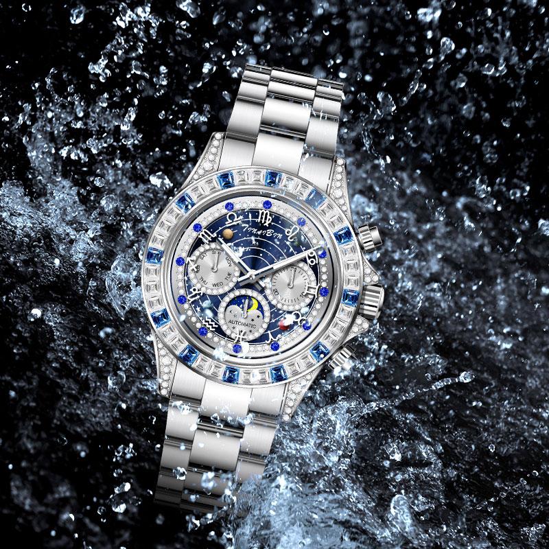 🔥 Hot Sale 🔥TINAIBIN Twelve Zodiac Signs & Starry Sky Diamond Automatic Skeleton Men's Watch