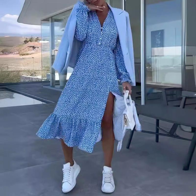 ⏰Limited Time Offer – 50% Off!🎉Women’s Blue Printed V-neck Long-sleeve Dress