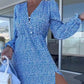 ⏰Limited Time Offer – 50% Off!🎉Women’s Blue Printed V-neck Long-sleeve Dress