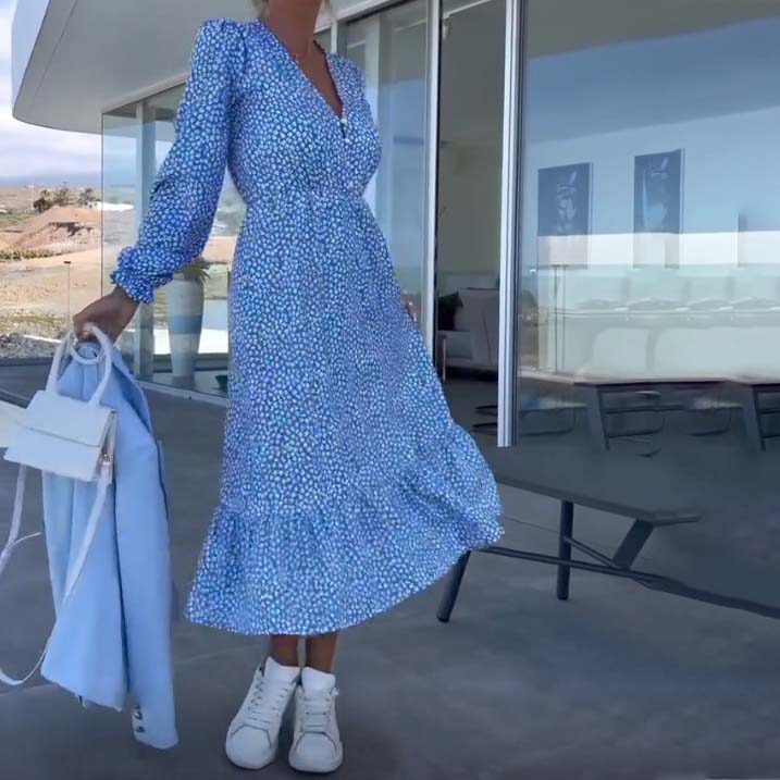 ⏰Limited Time Offer – 50% Off!🎉Women’s Blue Printed V-neck Long-sleeve Dress