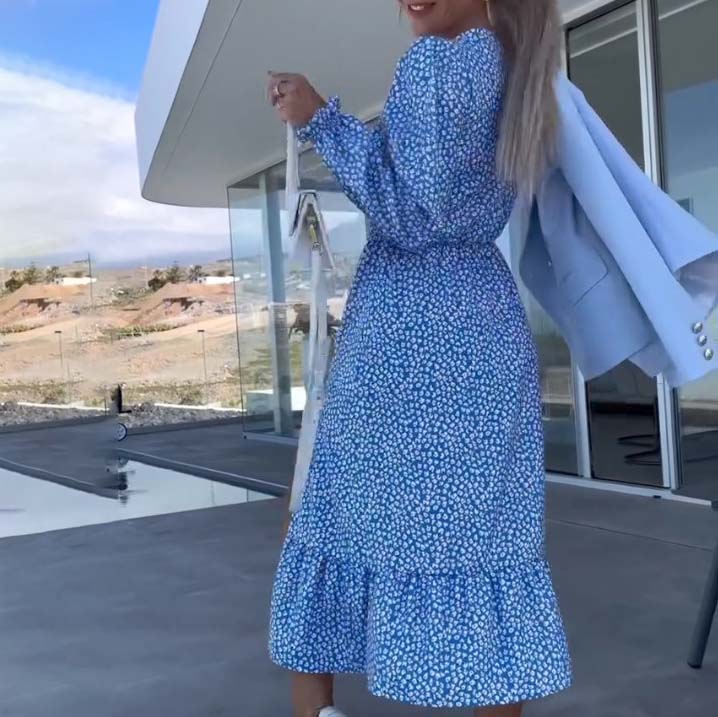 ⏰Limited Time Offer – 50% Off!🎉Women’s Blue Printed V-neck Long-sleeve Dress