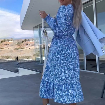 ⏰Limited Time Offer – 50% Off!🎉Women’s Blue Printed V-neck Long-sleeve Dress