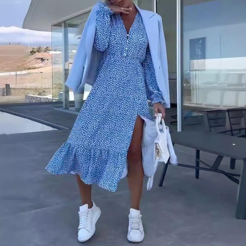 ⏰Limited Time Offer – 50% Off!🎉Women’s Blue Printed V-neck Long-sleeve Dress