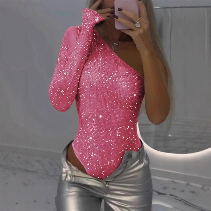 🔥Hot Sale 49% Off👚✨ Women's One Shoulder Sequin Bodysuit – Sparkle & Shine All Night! 💫