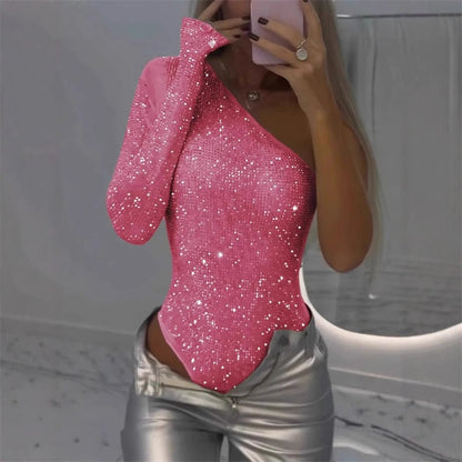 🔥Hot Sale 49% Off👚✨ Women's One Shoulder Sequin Bodysuit – Sparkle & Shine All Night! 💫