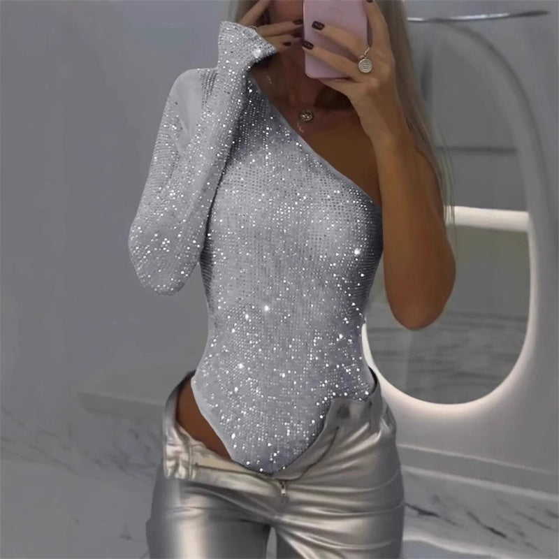 🔥Hot Sale 49% Off👚✨ Women's One Shoulder Sequin Bodysuit – Sparkle & Shine All Night! 💫