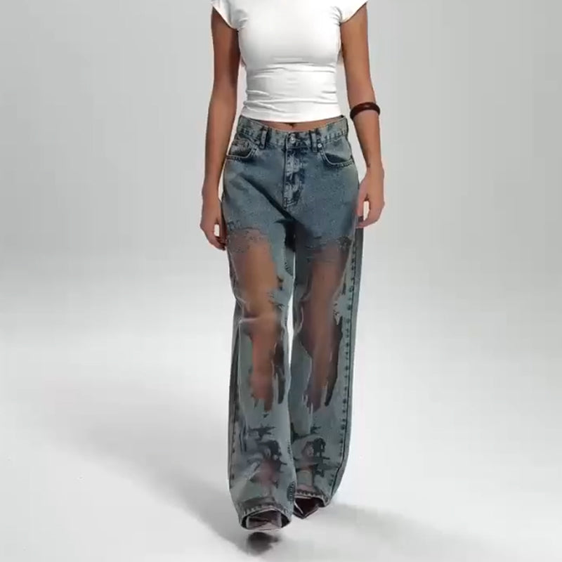 🌸NEW HOT SALE🔥💥Women's Vintage Mesh Patchwork Printed Jeans👖