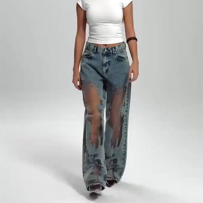 🌸NEW HOT SALE🔥💥Women's Vintage Mesh Patchwork Printed Jeans👖