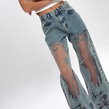 🌸NEW HOT SALE🔥💥Women's Vintage Mesh Patchwork Printed Jeans👖