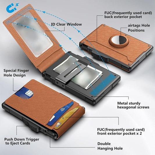 🔥Wallet for Men - with Pop Up Aluminum Case Money Clip Slim Leather Slots Credit Card Holder RFID Blocking Bifold Minimalist Wallet