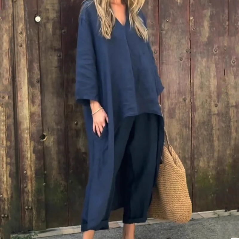🌞👚Women's Summer Loose Pocket V-Neck 2-Piece Set🌸 Light and Comfortable, Stylish and Casual, A Summer Must-Have!