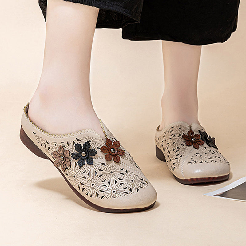⏳ Limited time 50% off! 💥Women's Elegant PU Leather Slide Sandals with Floral Design（The more you buy, the higher the discount）