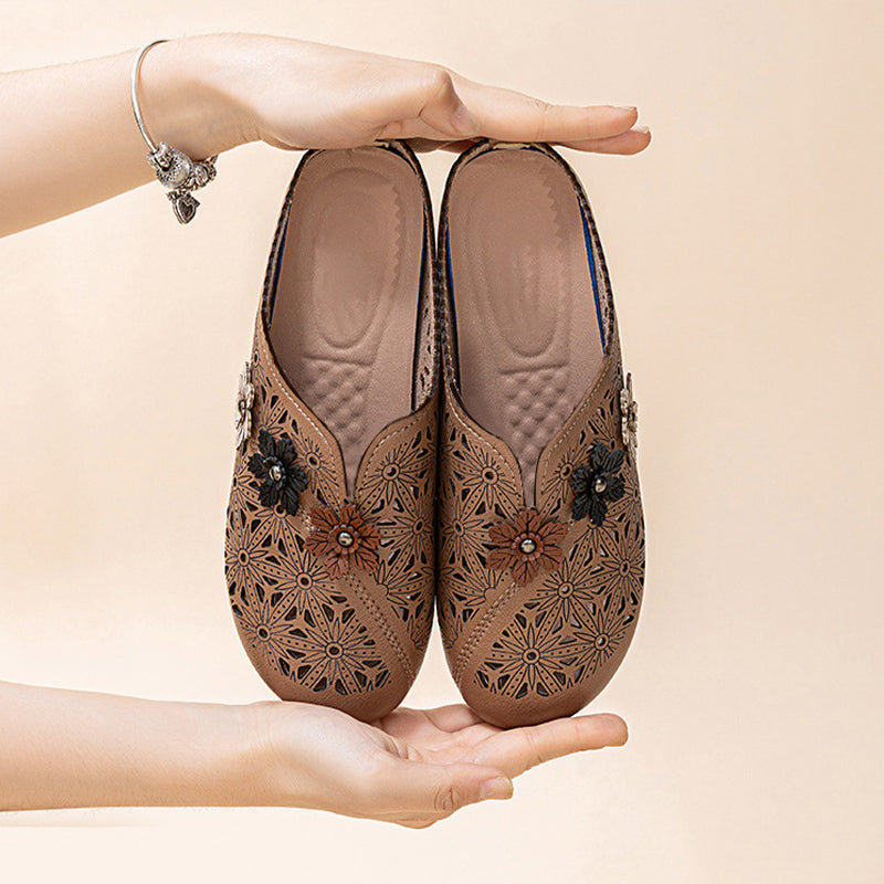 ⏳ Limited time 50% off! 💥Women's Elegant PU Leather Slide Sandals with Floral Design（The more you buy, the higher the discount）