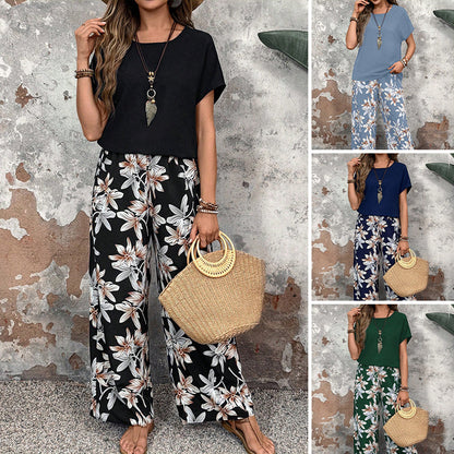 Women's Casual Floral Print Wide Leg Trousers and Short Sleeve Top Set