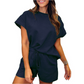 🌴Summer Specials🌴Women's Solid Textured Casual Short Sleeve Top Drawstring Shorts Set