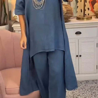 🔥Two-piece suit in cotton and linen, with a round neckline and long sleeves